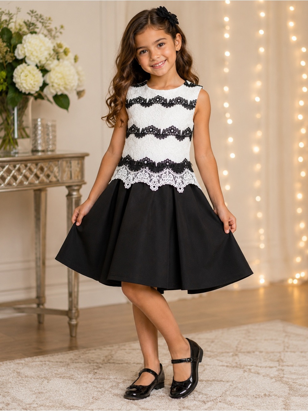 Beautees Black and White Lace Fit-and-Flare Girls Dress